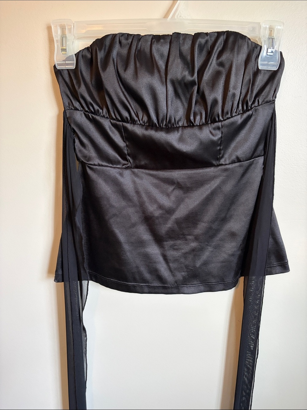 le chateau Black Strapless Satin Bustier Top with Back Tie Detail